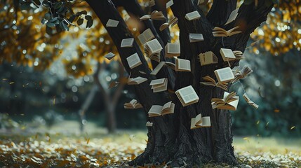 International literacy day concept with tree with book like leaves. knowledge concept with colorful books on tree - obrazy, fototapety, plakaty