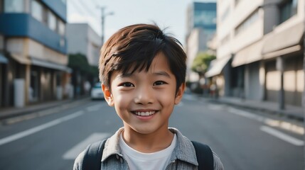 Portrait of a happy japanese young boy kindergarten student in the middle of a city street smiling looking at camera from Generative AI