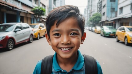 Portrait of a happy indonisian young boy kindergarten student in the middle of a city street smiling looking at camera from Generative AI - obrazy, fototapety, plakaty