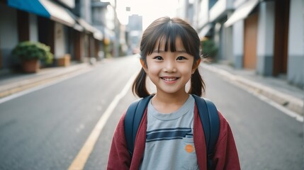 Portrait of a happy japanese young girl kindergarten student in the middle of a city street smiling looking at camera from Generative AI