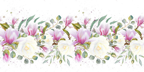 Watercolor floral seamless border with green eucalyptus leaves, roses and twigs with magnolia flowers. Hand drawn watercolor illustration.