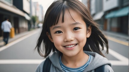 Portrait of a happy japanese young girl kindergarten student in the middle of a city street smiling looking at camera from Generative AI