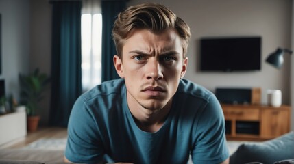 Obraz premium Angry frustrated caucasian young male man staring at the camera on a living room home background from Generative AI