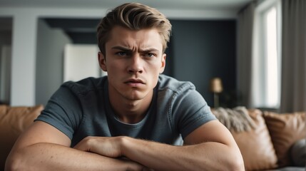 Angry frustrated caucasian young male man staring at the camera on a living room home background from Generative AI - obrazy, fototapety, plakaty