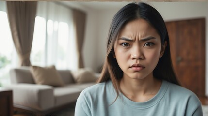 Angry frustrated filifino young female woman staring at the camera on a living room home background from Generative AI - obrazy, fototapety, plakaty