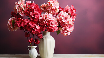 Blooming red hydrangea and a beautiful ceramic vase. Still life with flowers. Vintage. Generative AI