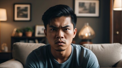 Obraz premium Angry frustrated filipino young male man staring at the camera on a living room home background from Generative AI