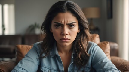 Angry frustrated hispanic young female woman staring at the camera on a living room home background from Generative AI