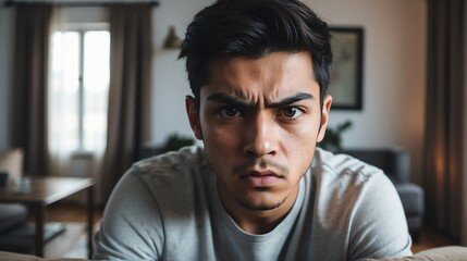 Angry frustrated immigrant young male man staring at the camera on a living room home background from Generative AI - obrazy, fototapety, plakaty