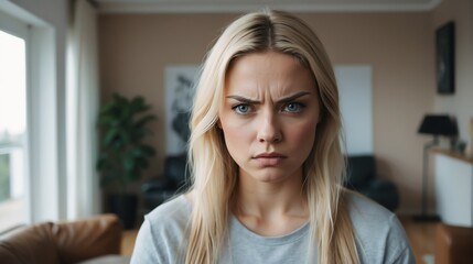 Angry frustrated in blonde young female woman staring at the camera on a living room home background from Generative AI