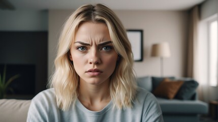 Angry frustrated in blonde young female woman staring at the camera on a living room home background from Generative AI