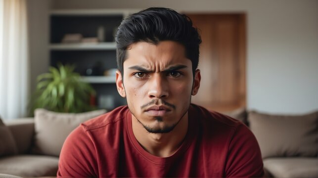 Angry frustrated caucasian young male man staring at the camera on a living room home background from Generative AI