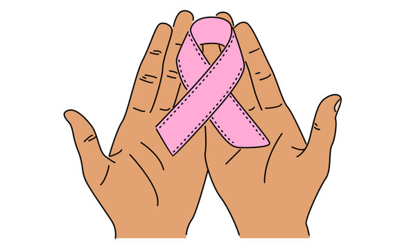 line art color of hand holding ribbon cancer care