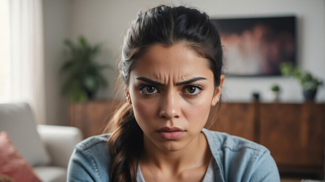 Angry frustrated hispanic young female woman staring at the camera on a living room home background from Generative AI