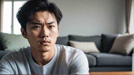 Angry frustrated korean young male man staring at the camera on a living room home background from Generative AI - obrazy, fototapety, plakaty