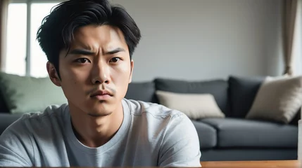 Fotobehang Angry frustrated korean young male man staring at the camera on a living room home background from Generative AI © Arceli