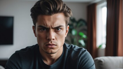 Fototapeta premium Angry frustrated young male man staring at the camera on a living room home background from Generative AI