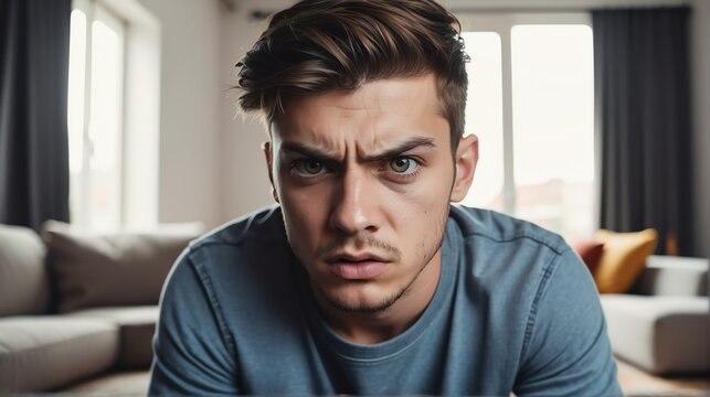 Angry frustrated young male man staring at the camera on a living room home background from Generative AI