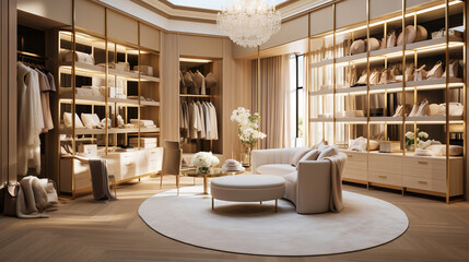 Obraz na płótnie Canvas Luxurious design of a dressing room in a huge house. Generative AI