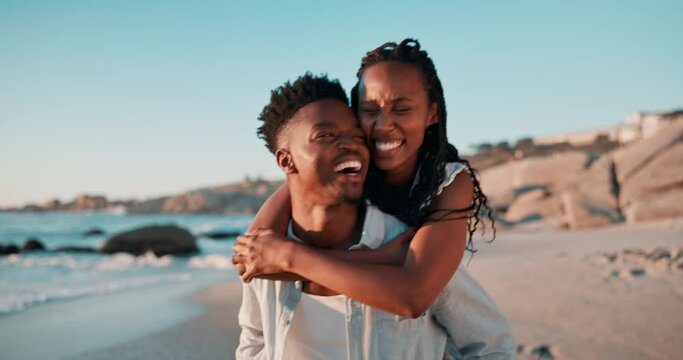 Walking, piggy back and black couple on beach together for bonding, relax and relationship. Dating, travel and happy man and woman laugh by ocean for romantic holiday, vacation and weekend in nature
