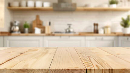 Table Wooden Kitchen Banner with Abstract warm tone, Blurred Background, Empty Space for Product Display in Modern Living, Empty Beautiful wood table top and blurred bokeh modern kitchen background - obrazy, fototapety, plakaty