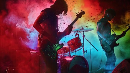 RRock band concert with colorful dust splashes complete with personnel