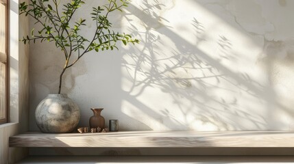 Minimalist interior with potted plant and decorative vases on a shelf, natural light casting tree shadows on a white wall. - obrazy, fototapety, plakaty