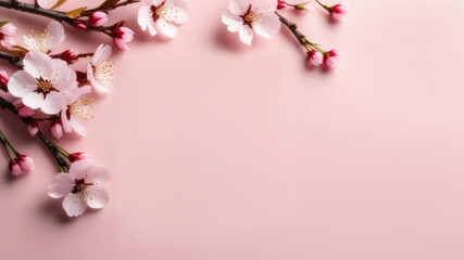 spring background, pink cherry blossom. Mockup for Mother's Day holiday, birthday, on light pink background, with sakura flowers , for party invitation design, with copy space.