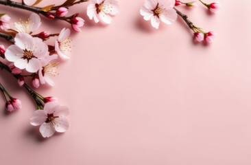 Naklejka na ściany i meble spring background, pink cherry blossom. Mockup for Mother's Day holiday, birthday, on light pink background, with sakura flowers , for party invitation design, with copy space.