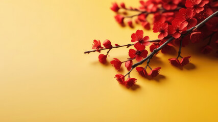 festive background. Festive layout, on a muted yellow background, with red sakura flowers on a branch, for party invitation design, with copy space.