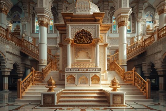 A regal minbar and pulpit within an ornate mosque