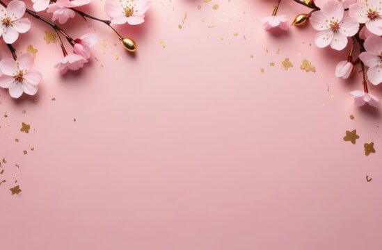 spring background, pink cherry blossom. Mockup for Mother's Day holiday, birthday, on light pink background, with sakura flowers with gold splashes, for party invitation design, with copy space.