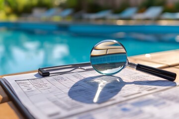 Fototapeta na wymiar documents with a magnifying glass beside the swimming pool. swimming pool inspection concept
