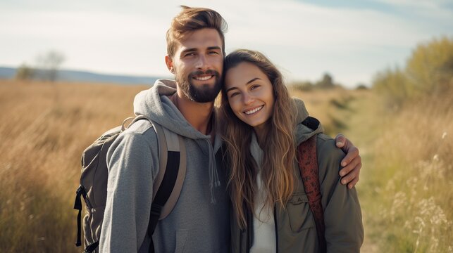 Portrait of a man and woman couple standing and hugging with happy faces in rural nature with grass around them