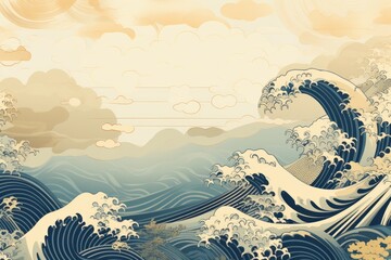 A poetic and timeless vintage composition featuring Japanese natural patterns of waves, creating a serene and contemplative background, Generative AI