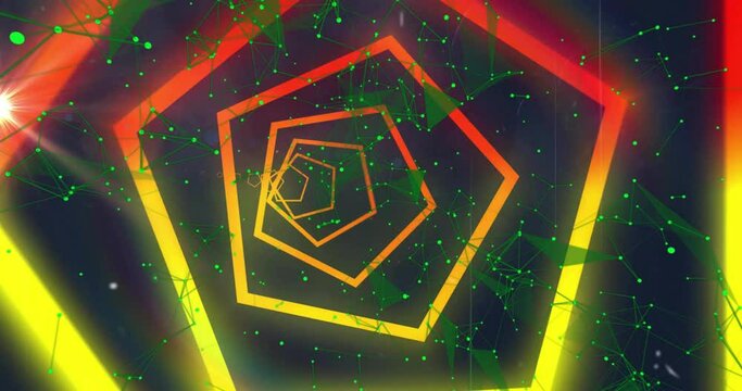 Animation of green network over red and yellow hexagon tunnel on dark background