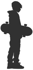 black silhouette of a guy or teenager with a skateboard without background