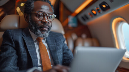 African middle aged businessman in suit working on laptop in plane during business trip.