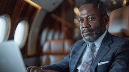 African middle aged businessman in suit working on laptop in plane during business trip.