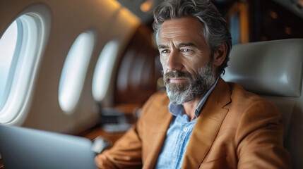 A middle aged businessman in suit working on laptop in plane during business trip.