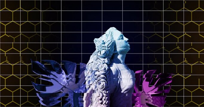 Animation of classical statue and leaves glitching over grid lines on black background