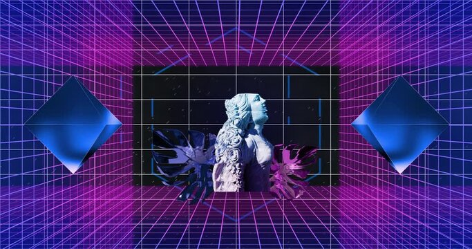 Animation of 3d diamonds, glitching classical statue and leaves over purple grids on dark background