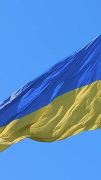 Vertical video: Yellow-blue Ukraine flag waving in sun light. Ukraine flag on sunny blue sky slow motion. Ukrainian flag wind swaying in sunlight. Tryzub coat on flagpole. National symbol background