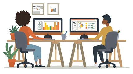 Office workers analyzing project data at wooden desks with potted plants.