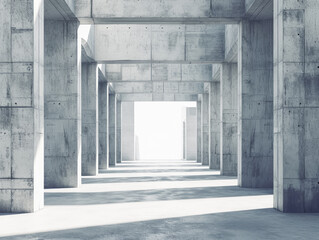 A spacious modern concrete interior with sunlight filtering through. Ai generative illustration