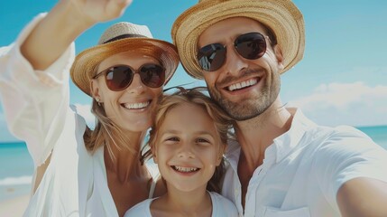 Family selfie on a sunny beach with clear blue skies.