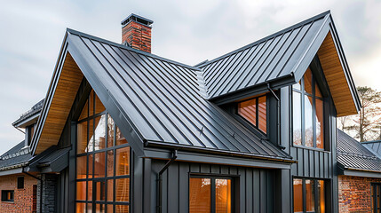 Black metal roof on roof, New house modern style. - obrazy, fototapety, plakaty