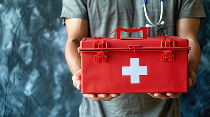 Fototapeta premium Person offering a large red first aid box with a white cross.