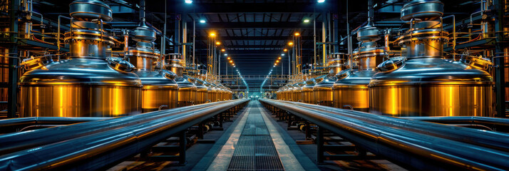 Fototapeta premium Brewery or alcohol production factory. Large steel fermentation tanks.