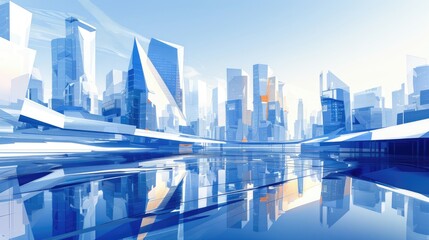 Futuristic cityscape with abstract blue and white architecture reflected in water.